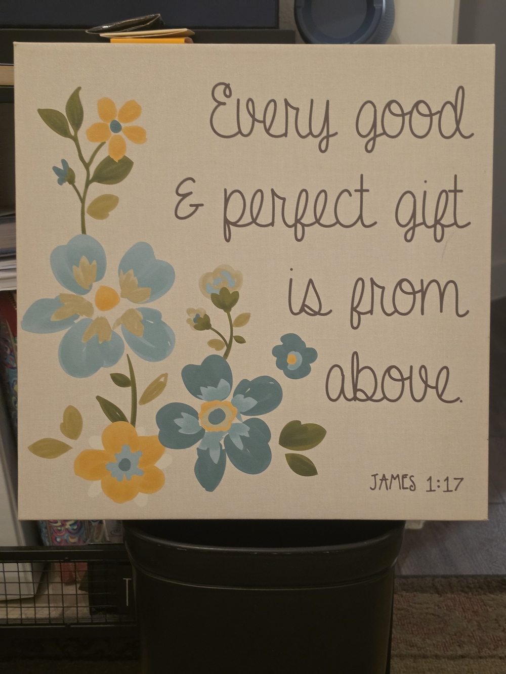 Floral Wall Art Canvas with Inspirational Quote - Blue & Yellow